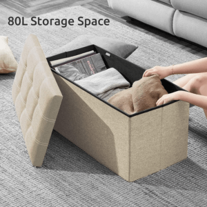 Beige fabric storage ottoman with 80L capacity and internal compartments for blankets and linens
