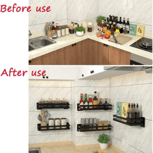 Before and after photos showing cluttered kitchen counter transformed with wall-mounted storage shelves