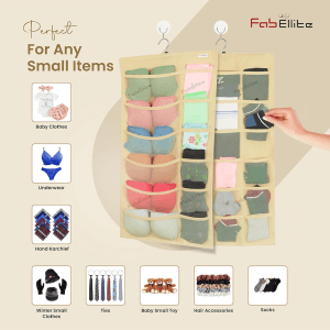 Fabric hanging closet organizer with multiple compartments storing folded clothes and accessories