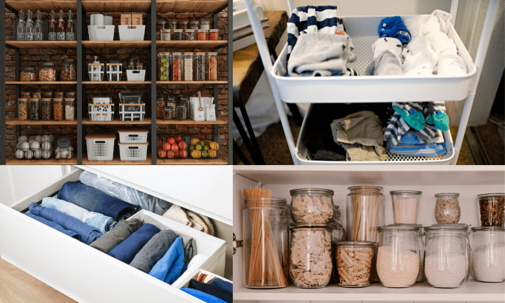 Various home organization tools like baskets, dividers, and shelves