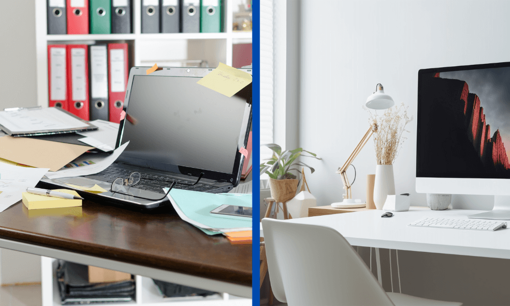 Side-by-side image of a cluttered room vs organized room